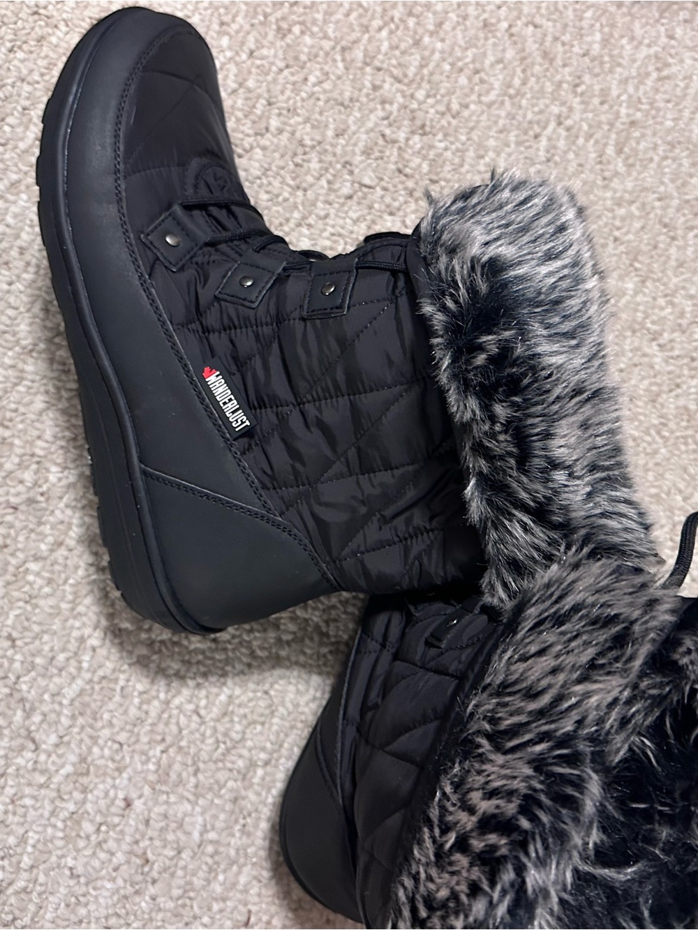 Wanderlust Black Quilted Winter Boots with Faux-Fur Cuff